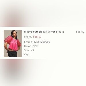 Anthropologie Top NWOT Sz S hot pink Puff Sleeve Velvet Crop Top